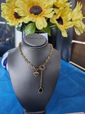 Limoges Gold Chain Necklace with Heart Charm and Black Stone Drop